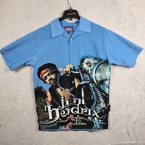 Jimi Hendrix Casual Button-Up Shirt Men's Blue M Polyester Short Sleeve